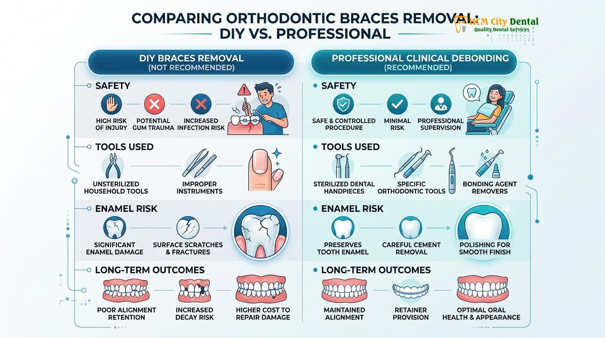 Summary diagram of how to remove braces from teeth at home