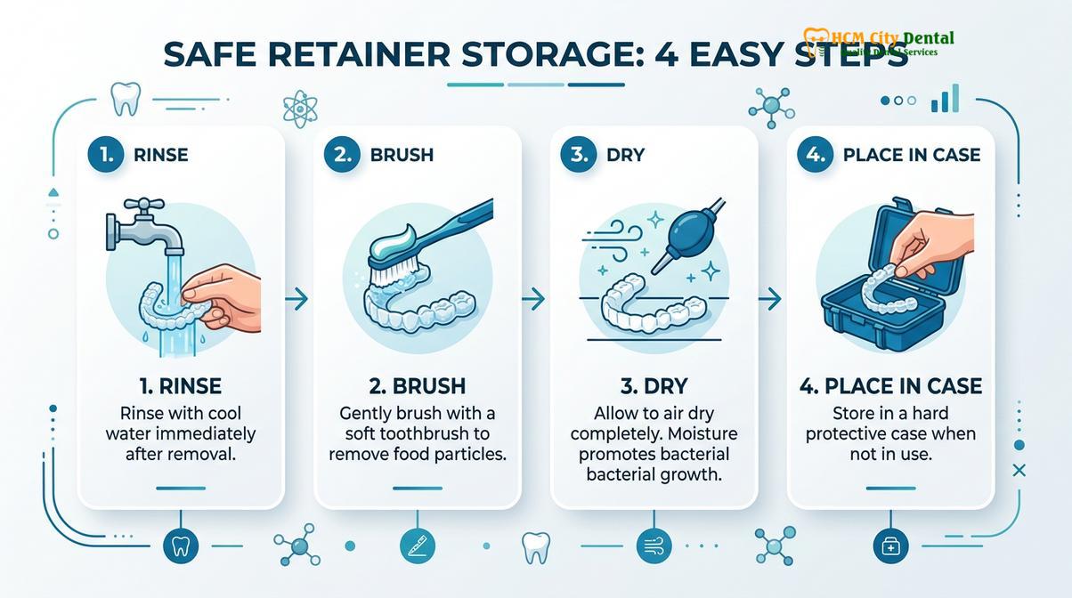 Visual illustration of how to store dental retainer safely