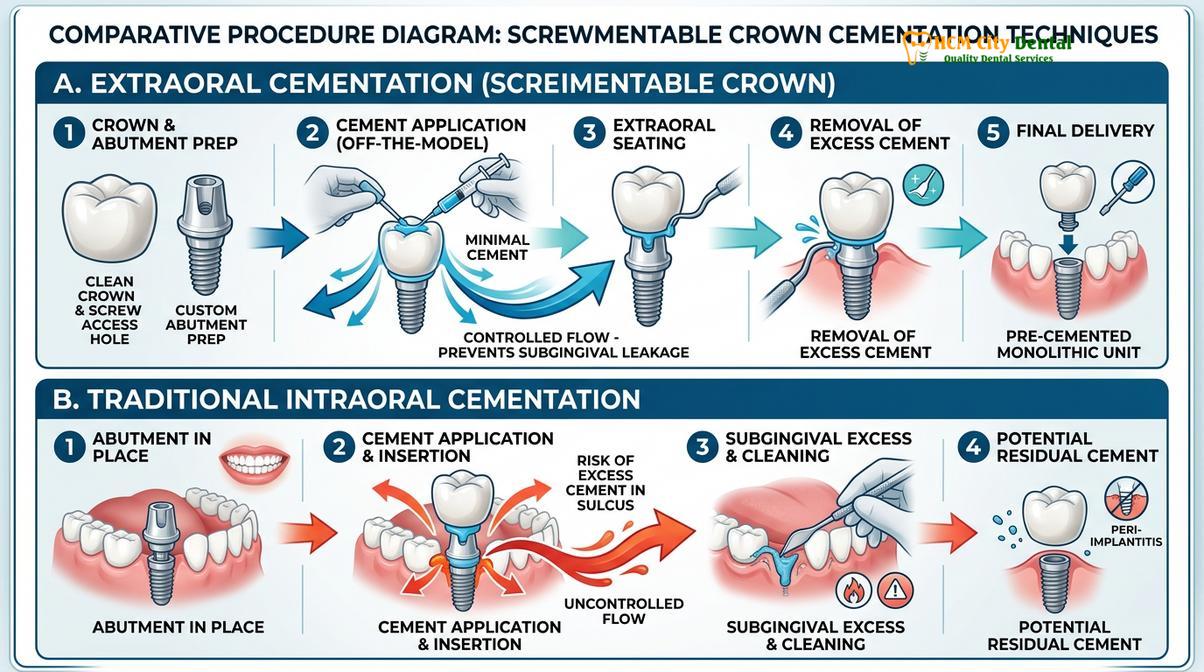 Summary diagram of screw vs cement retained implant crown
