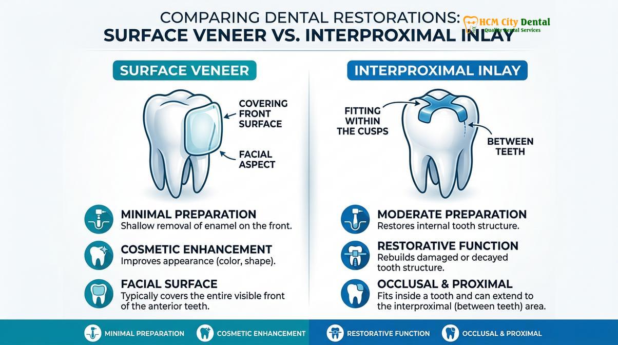 Summary diagram of inlay vs veneer front teeth