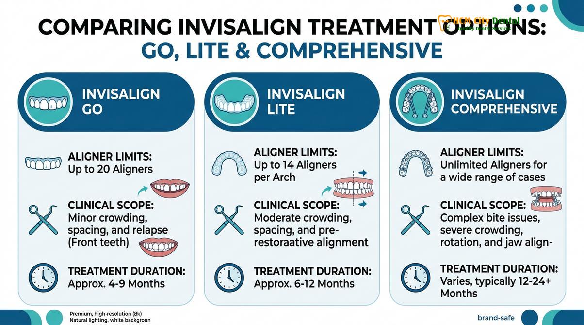 Summary diagram of Invisalign Go vs Lite vs Comprehensive