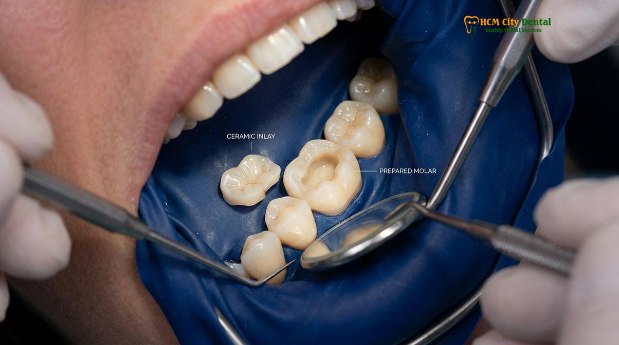 Clinical illustration of loose inlay emergency repair hcmc