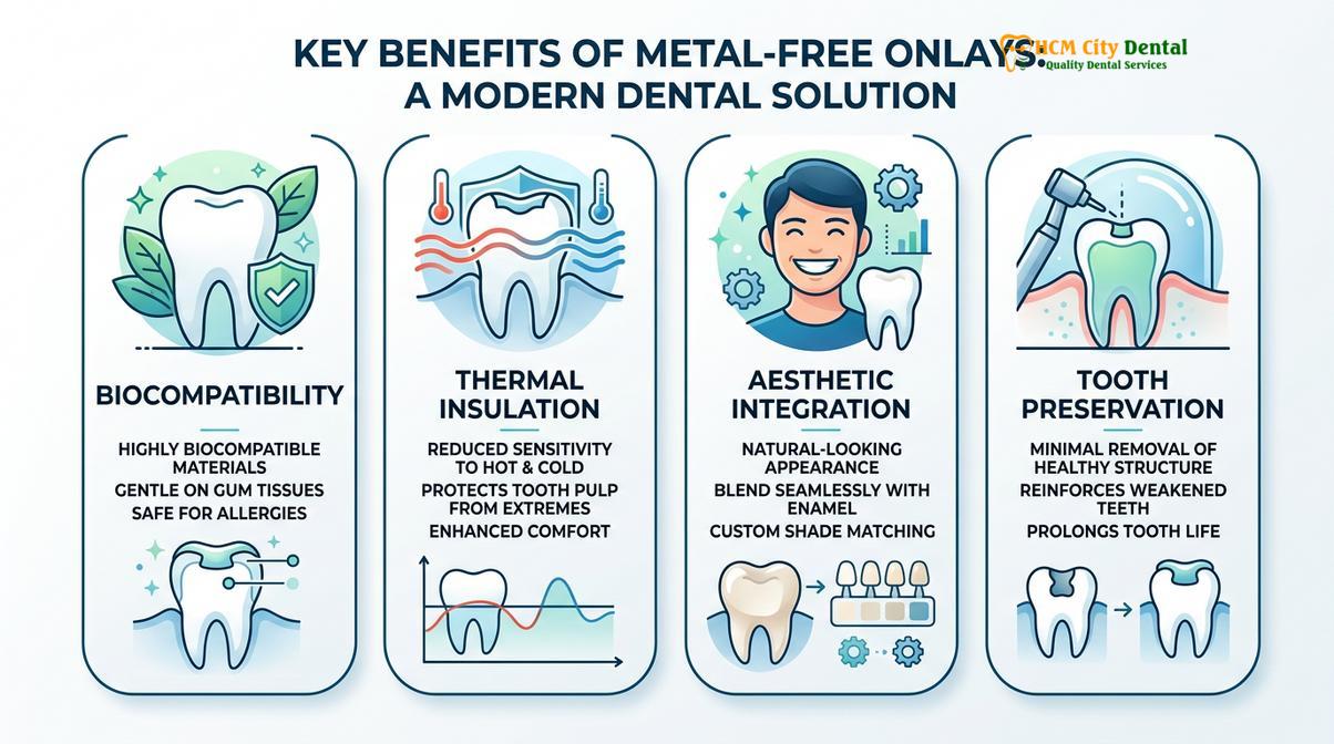 Summary diagram of metal free onlays benefits