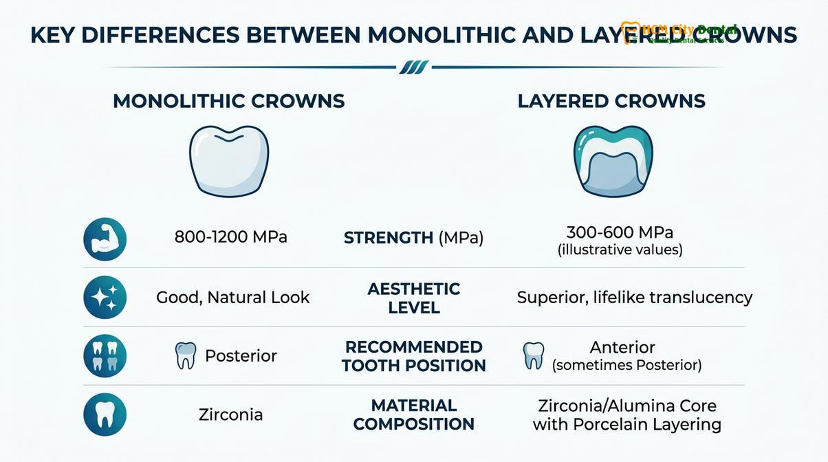 Summary diagram of monolithic zirconia vs layered crowns