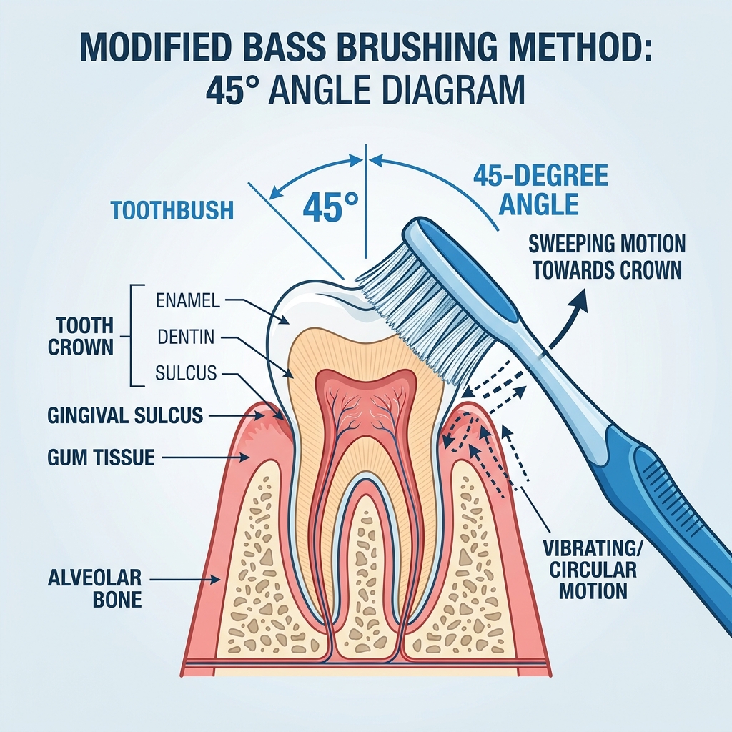 Illustration demonstrating the 45-degree angle of the Modified Bass Brushing Method
