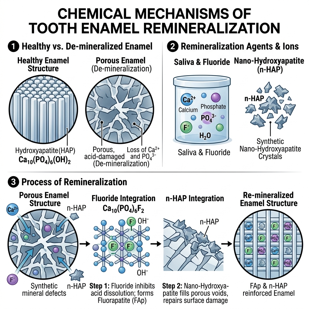 Diagram showing the chemical process of enamel remineralization by fluoride and nHAp