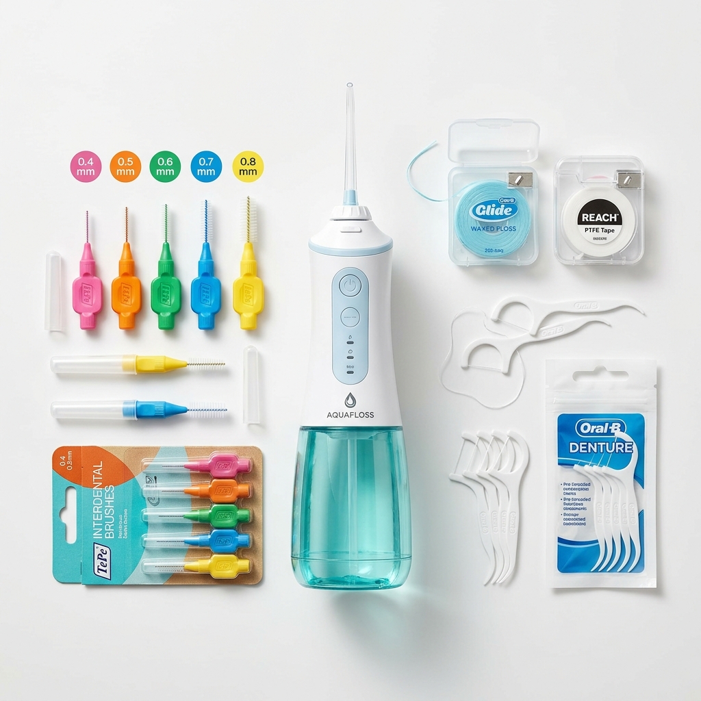 Various interdental cleaning tools: string floss, interdental brushes, and water flossers