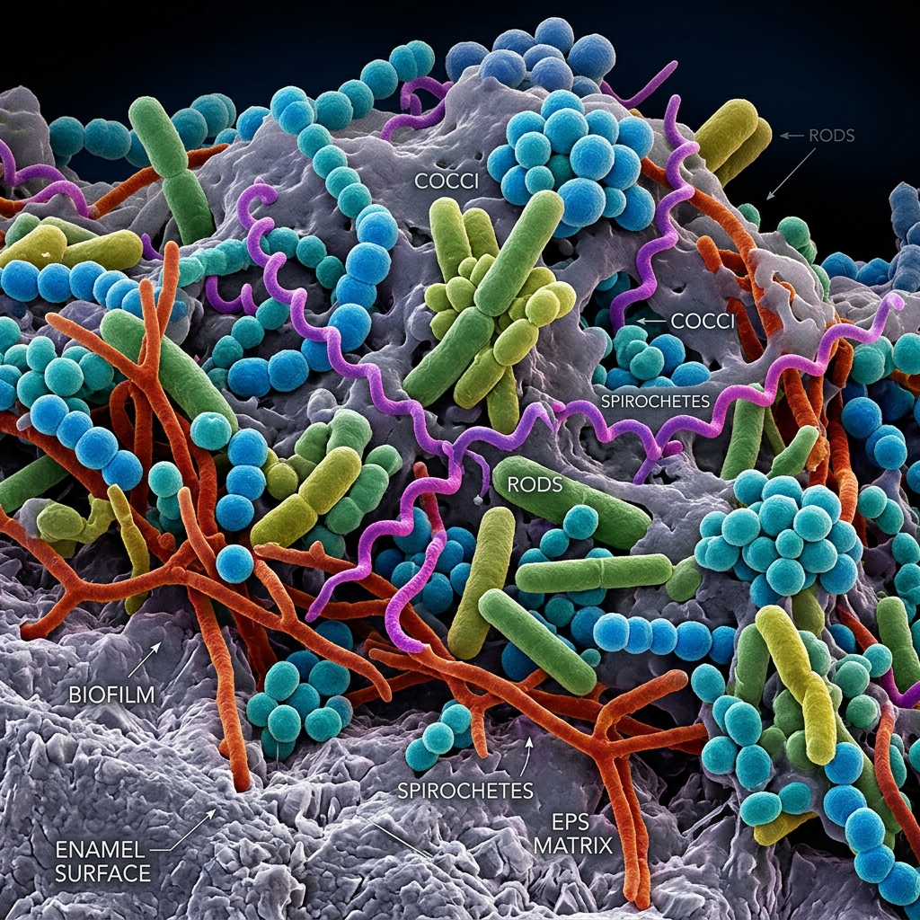 Illustration of the diverse oral microbiome, showing beneficial and pathogenic bacteria