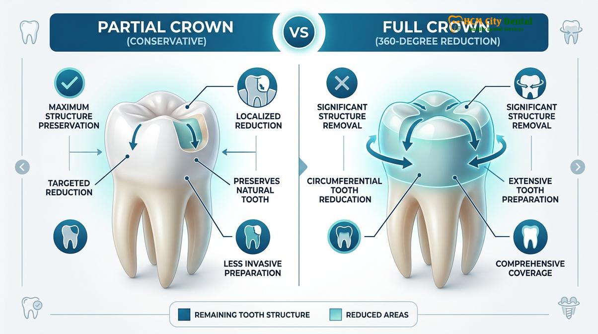 Summary diagram of partial crown vs full crown