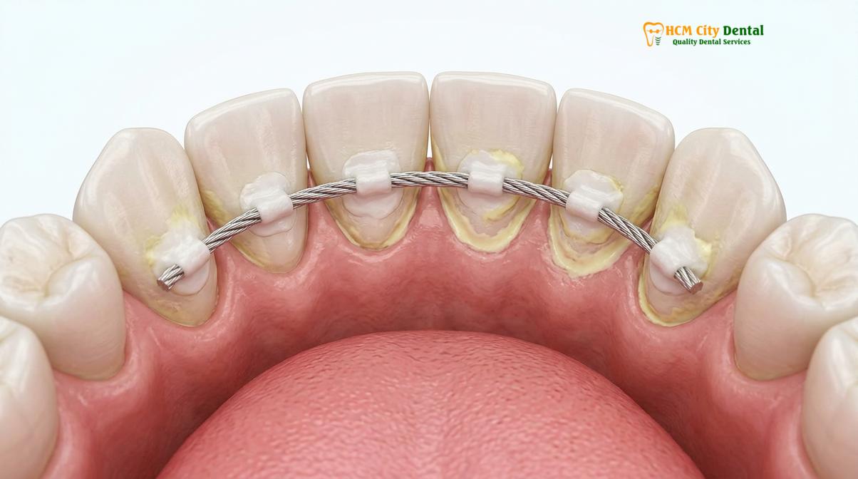 Clinical illustration of Permanent Bonded Retainer Hygiene Flossing
