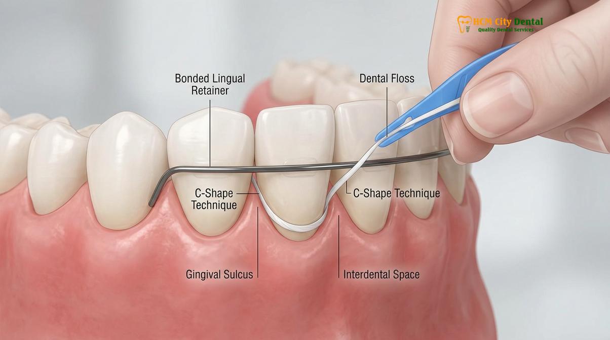 Visual description of Permanent Bonded Retainer Hygiene Flossing