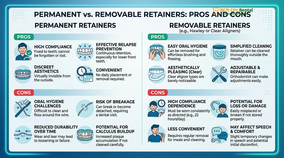 Visual illustration of permanent retainer vs removable retainer