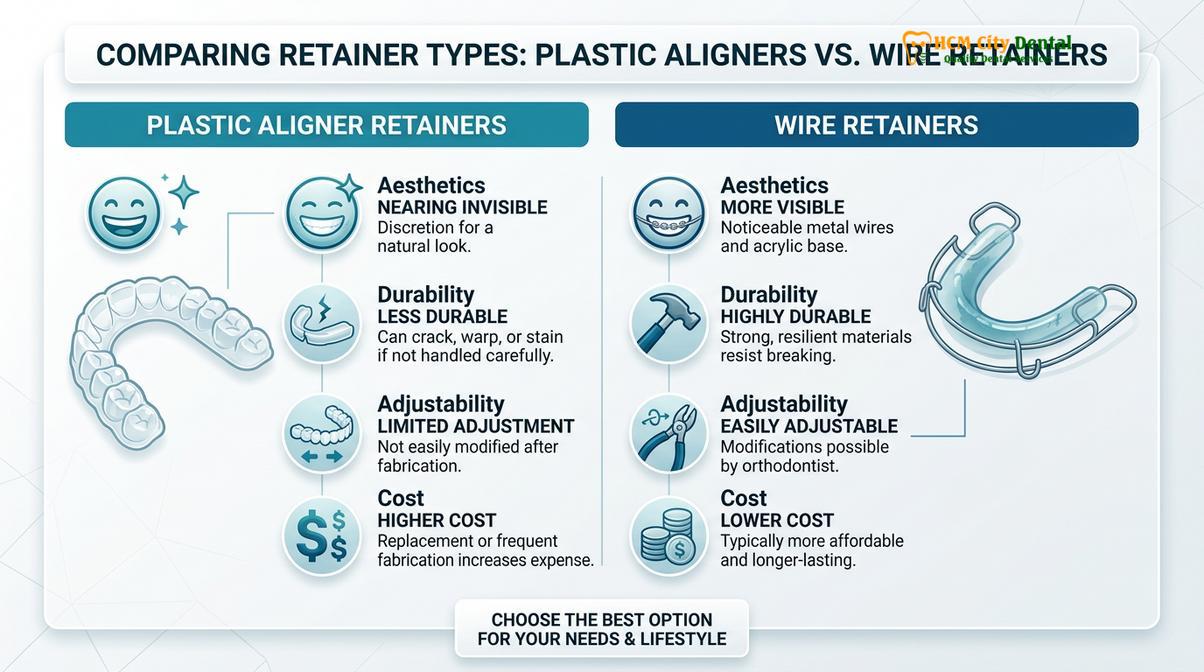 Summary diagram of plastic aligner retainer vs wire retainer