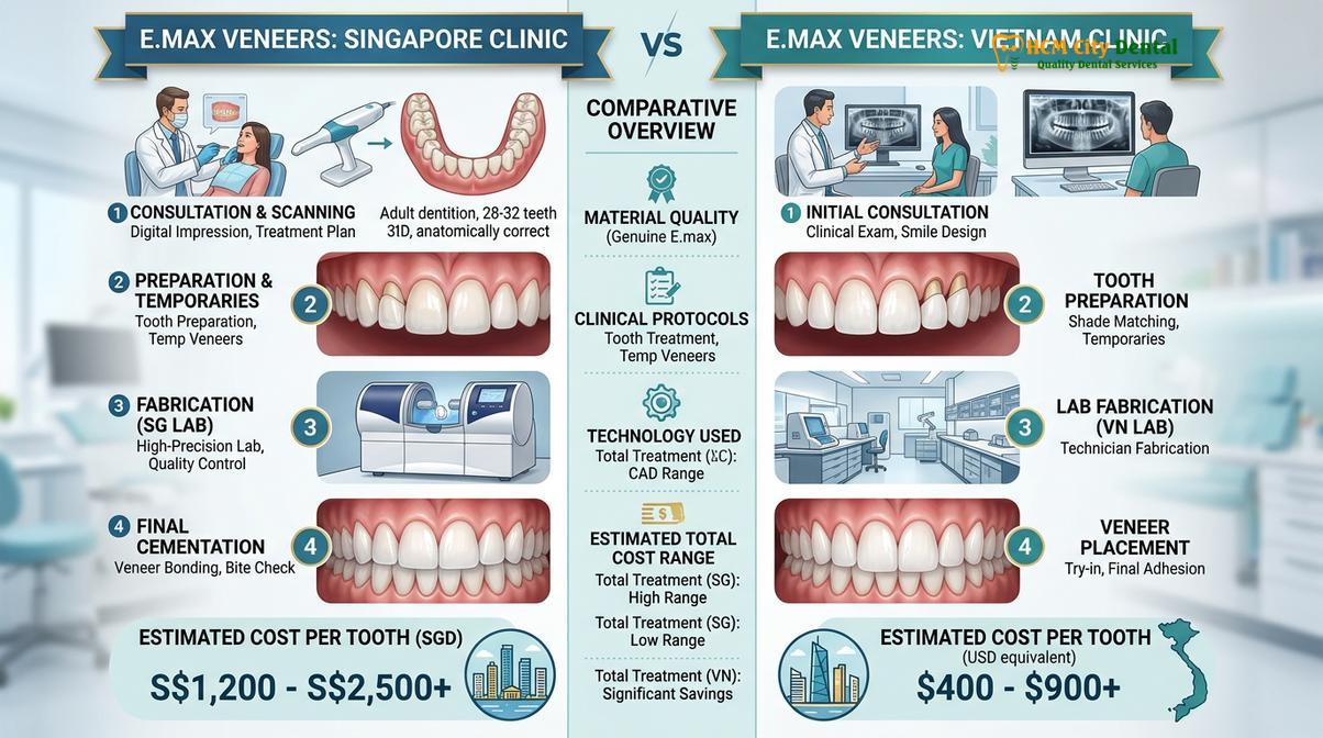 Visual illustration of veneer cost vietnam vs singapore