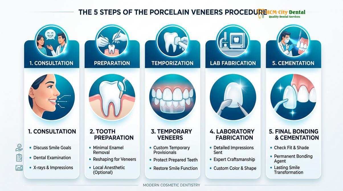 Summary diagram of porcelain veneers procedure