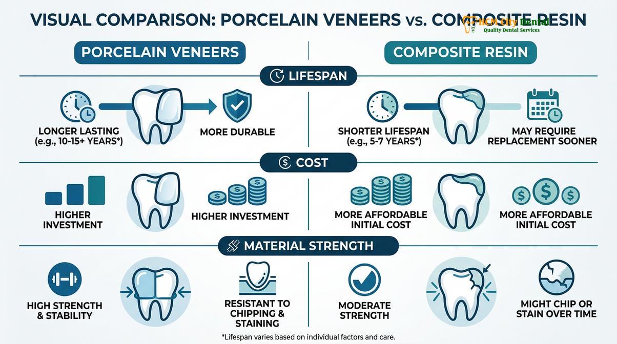 Summary diagram of porcelain vs composite veneers