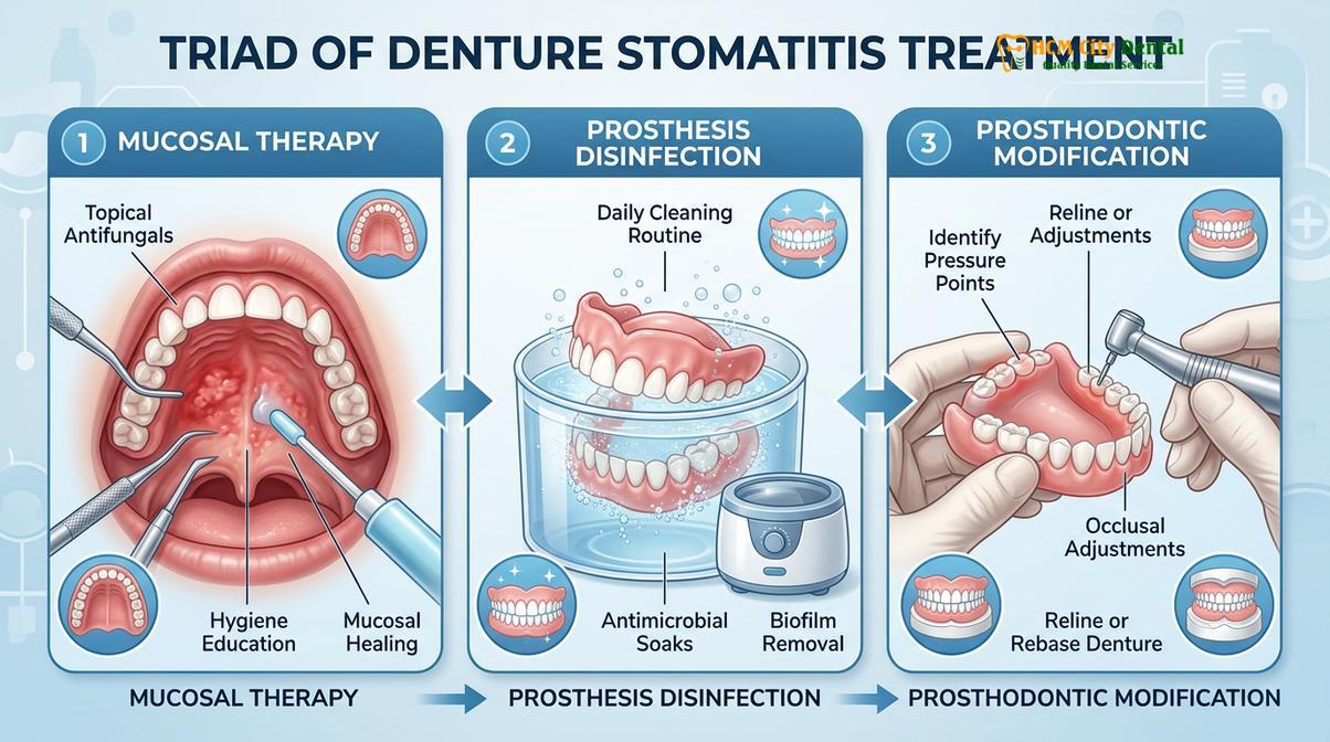 Visual description of Denture Stomatitis Treatment