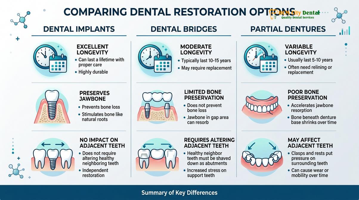 Summary diagram of replacing extracted teeth implants bridges partials