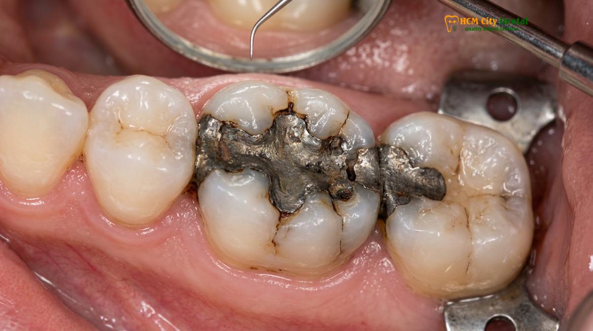 Clinical illustration of Replacing Old Silver Fillings Composite Vietnam