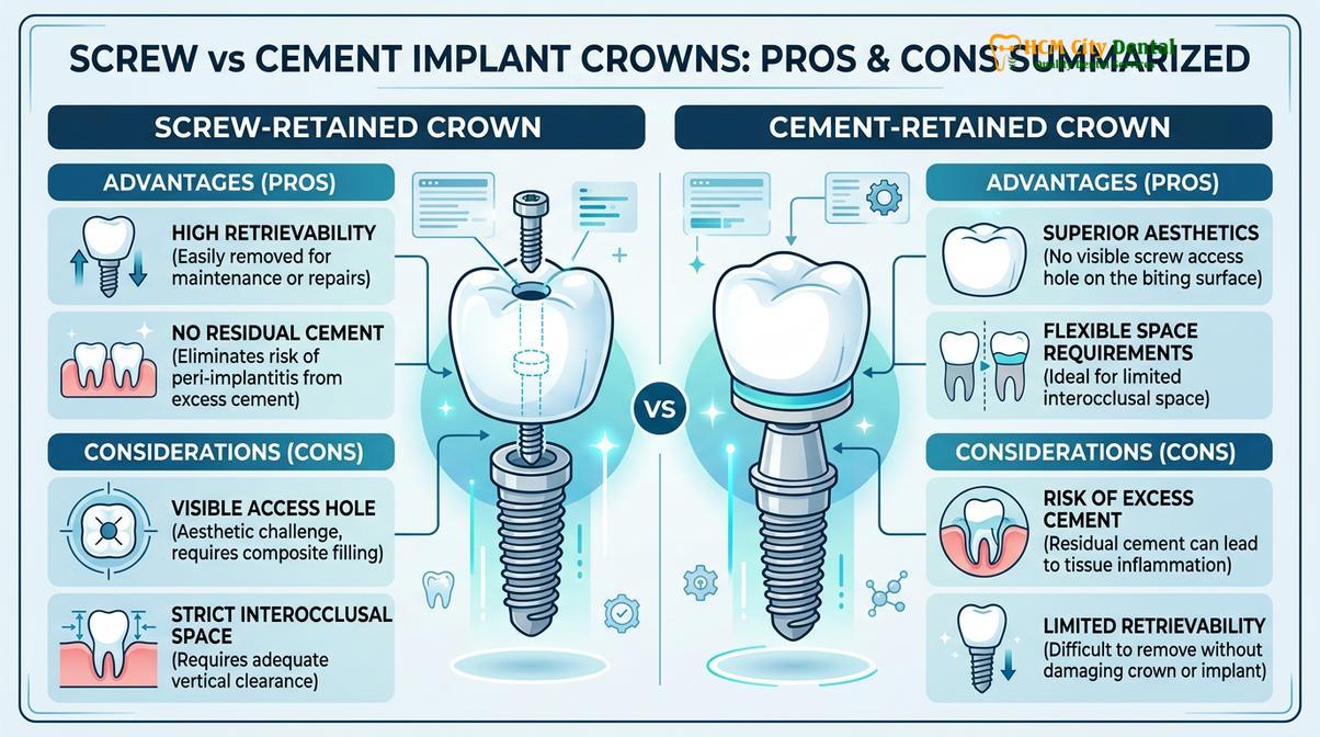 Summary diagram of screw vs cement implant crown