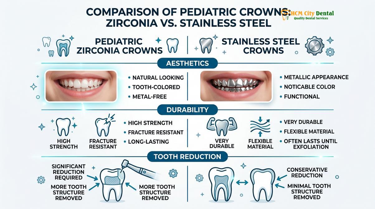 Summary diagram of pediatric zirconia crowns vs stainless steel