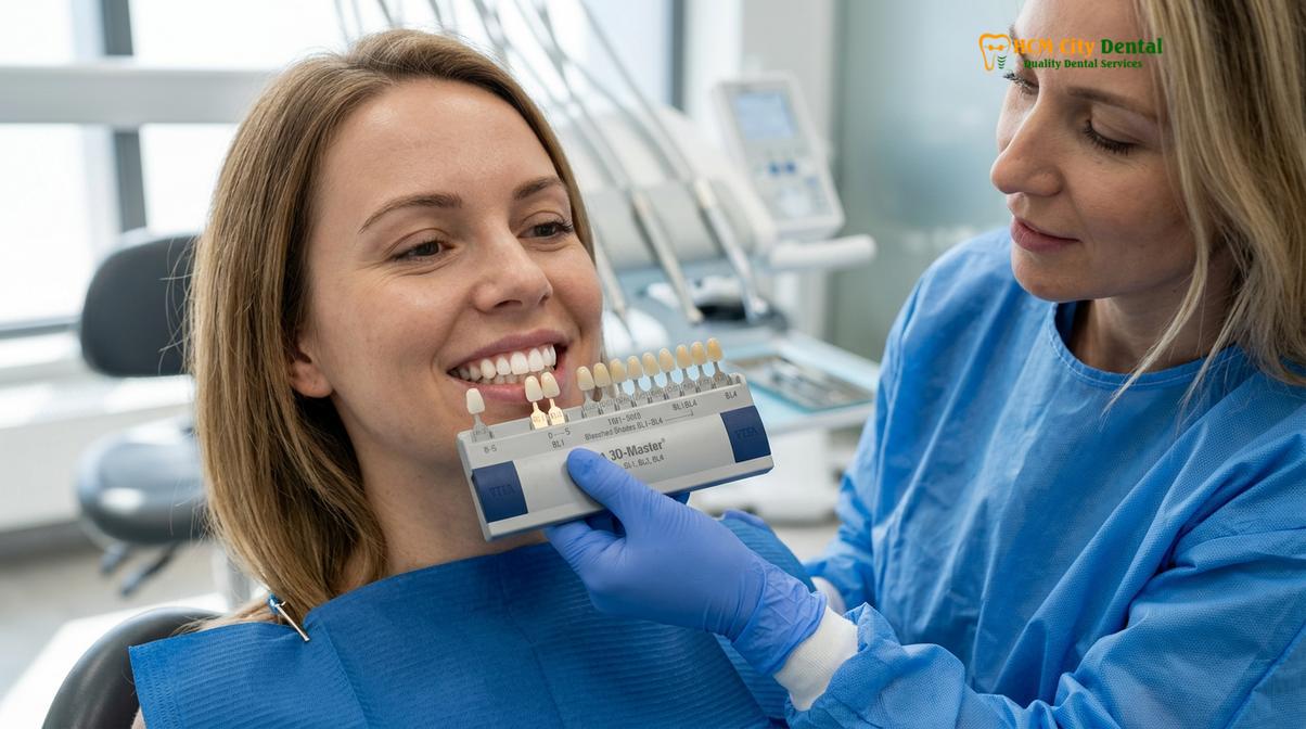 Visual description of teeth whitening before veneers