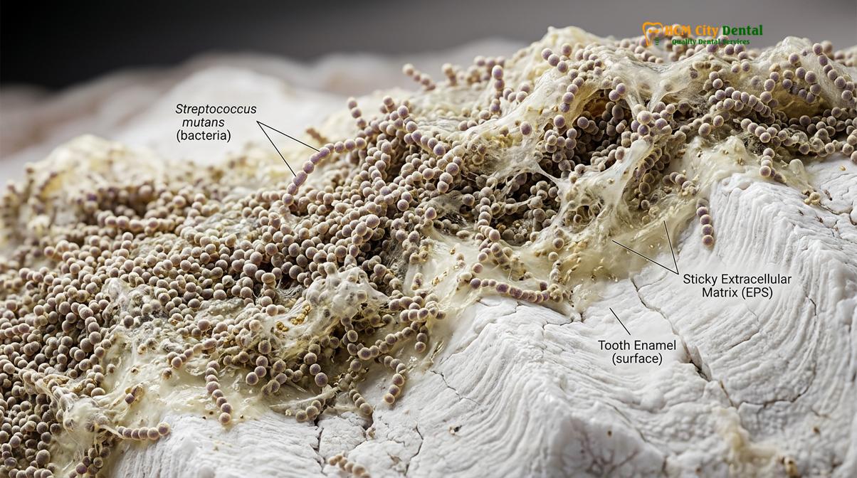 Clinical illustration of cause of tooth decay