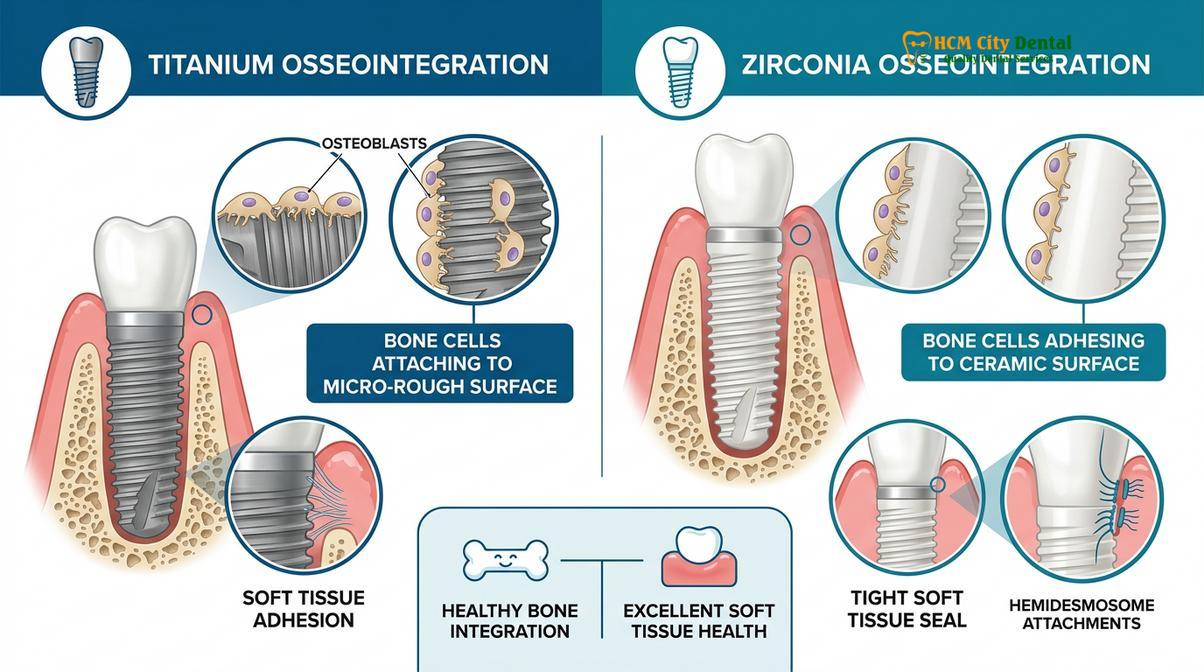 Summary diagram of titanium vs zirconia implants