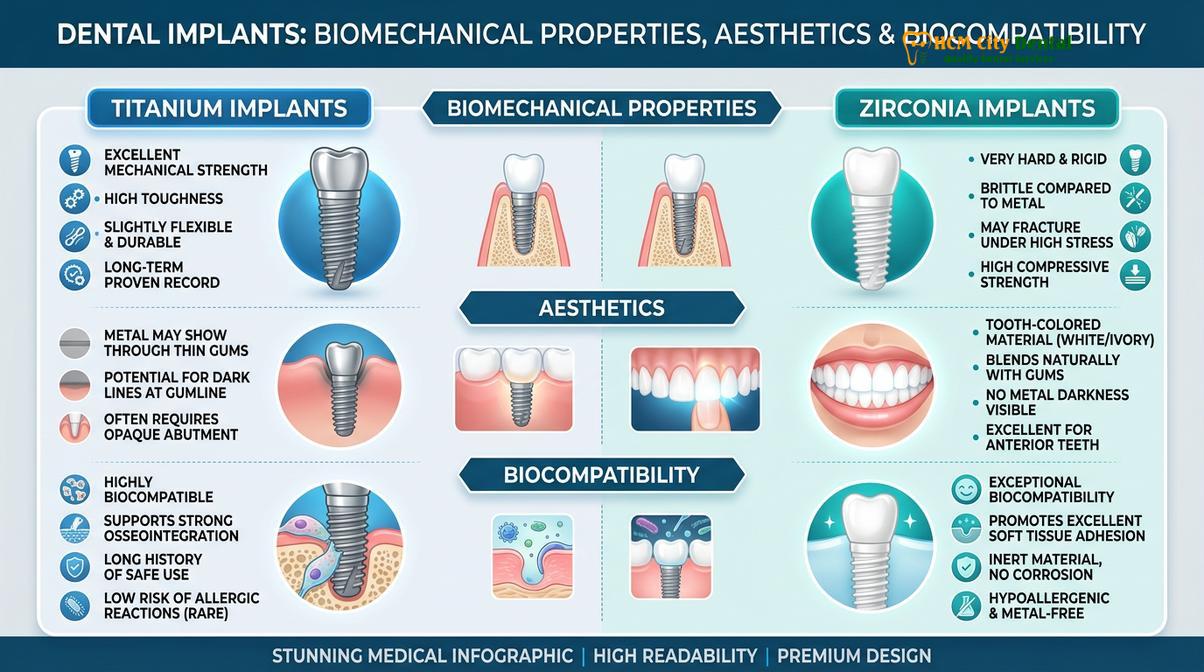 Summary diagram of titanium vs zirconia implants