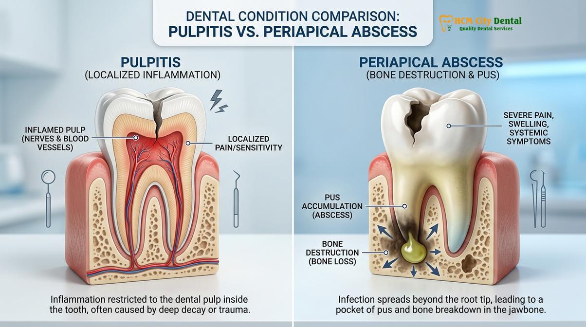 Visual illustration of Tooth Abscess vs Pulpitis