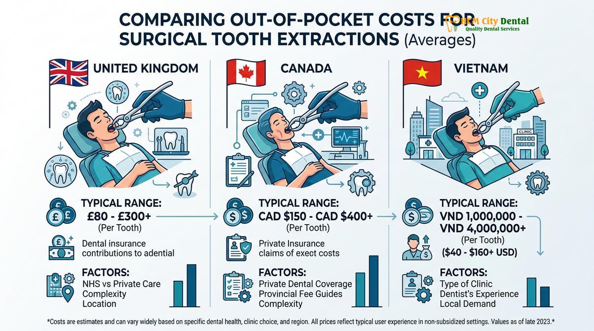 Summary diagram of Tooth Extraction Cost Vietnam vs UK Canada