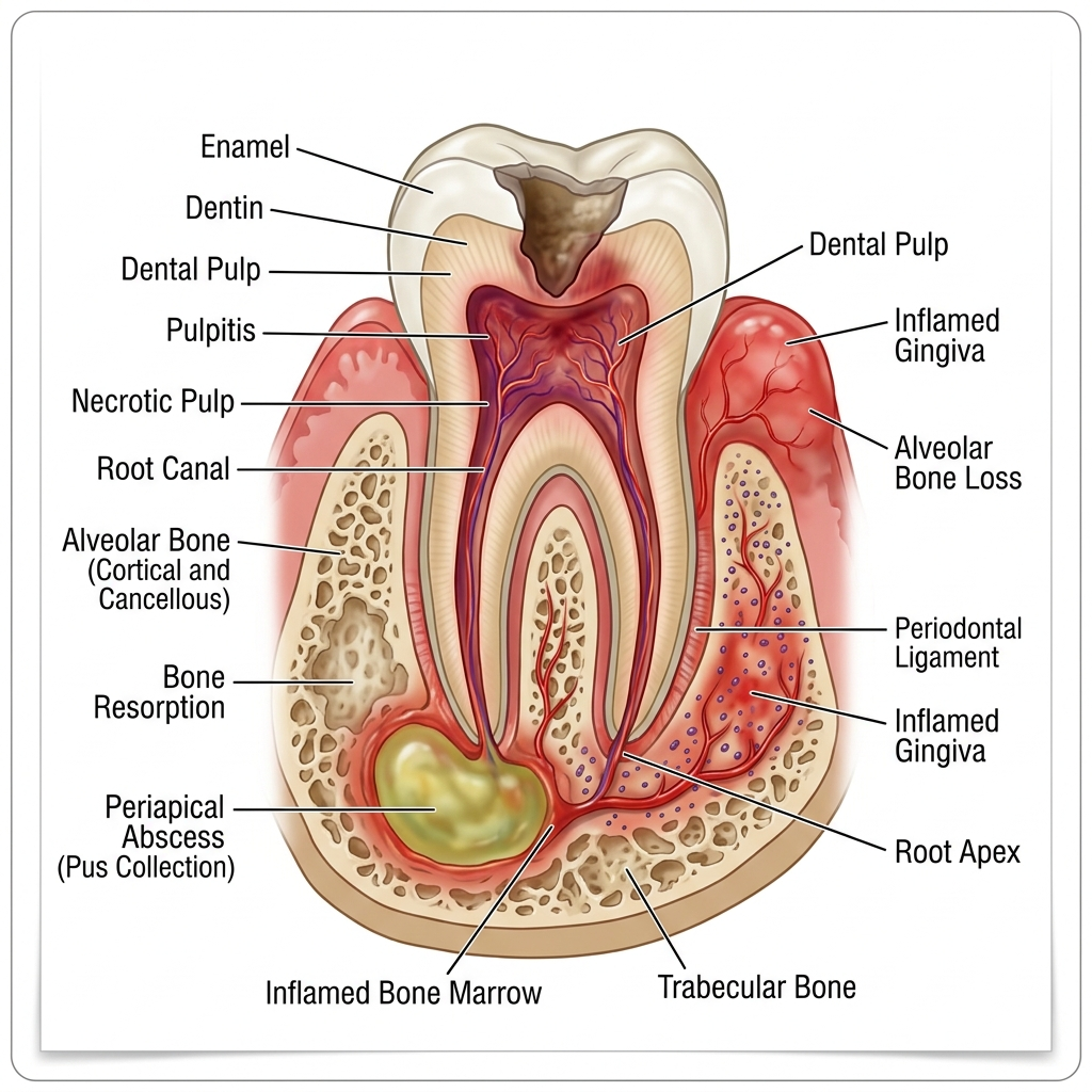 Clinical illustration of a periapical dental abscess