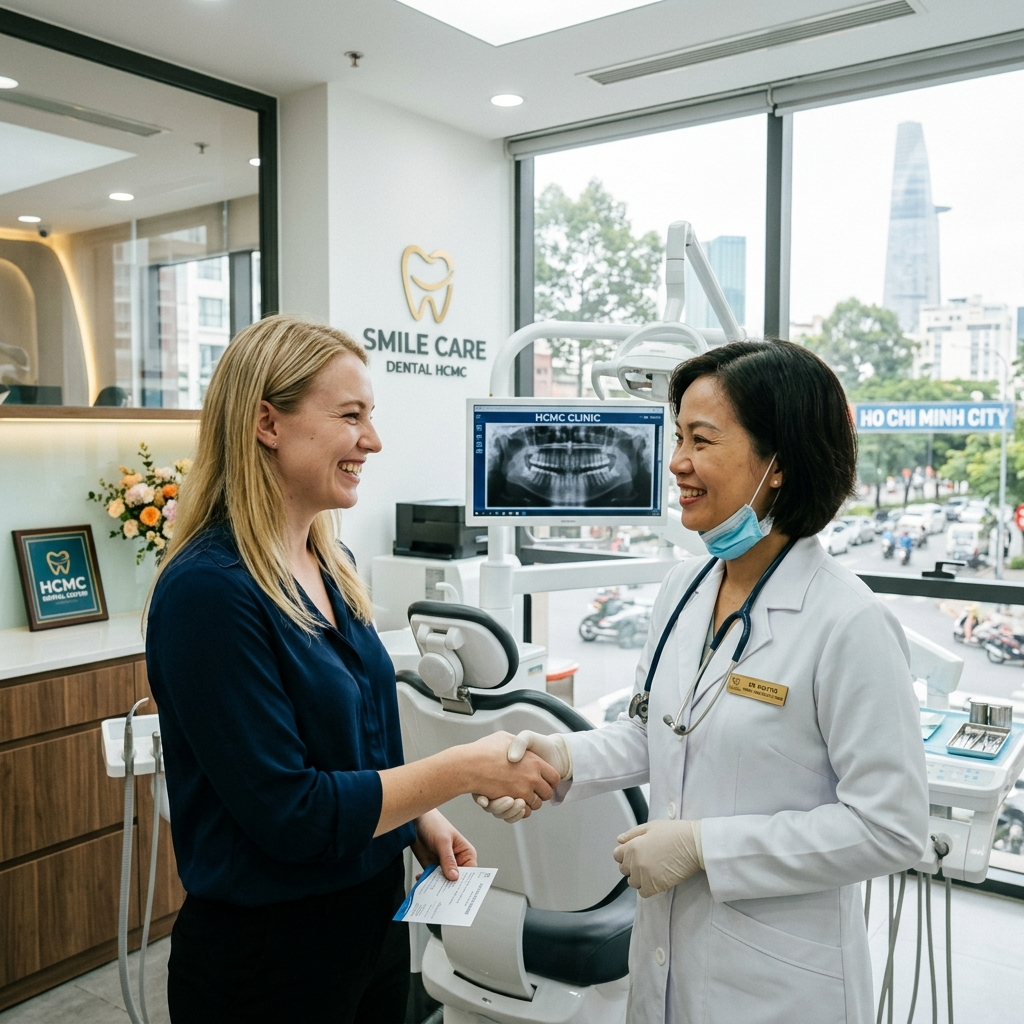 Relieved international patient after emergency dental care in Vietnam
