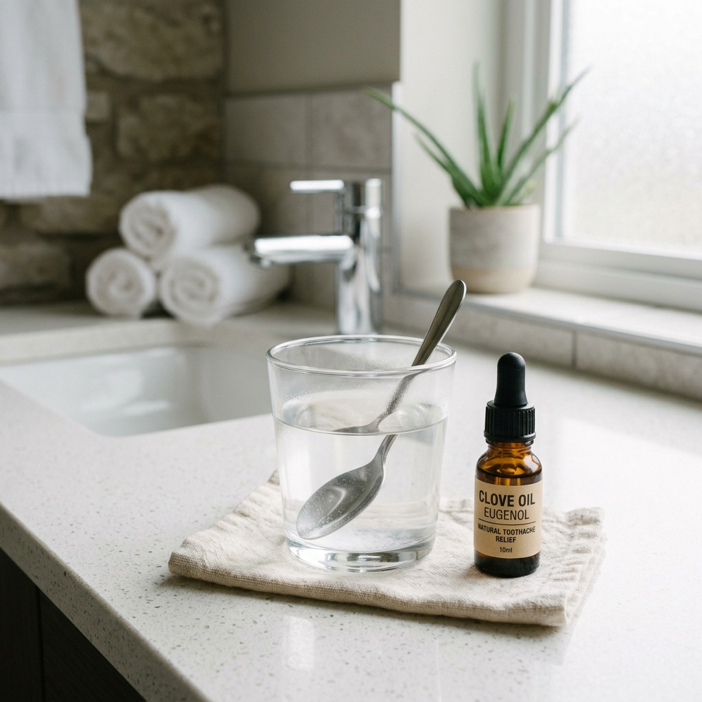 Temporary toothache home relief with clove oil and saline