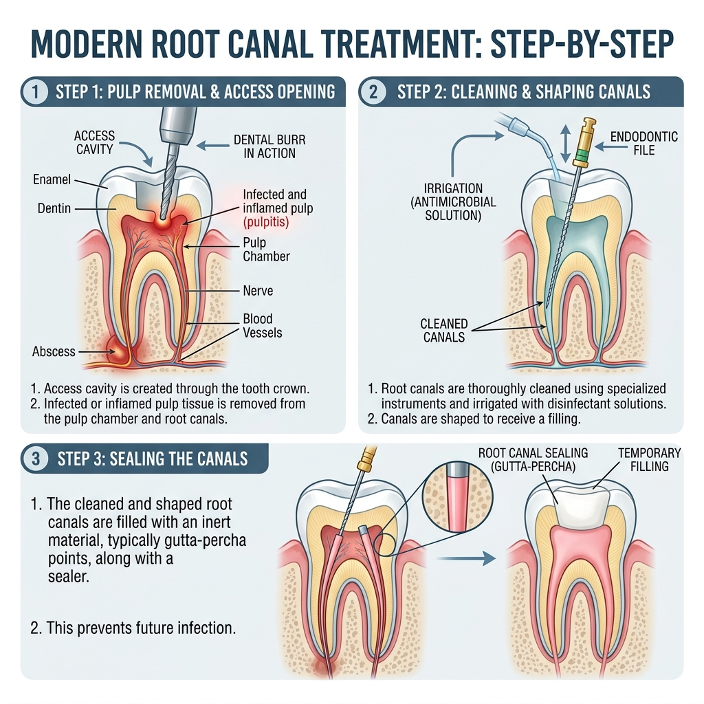 Medical diagram of root canal treatment steps