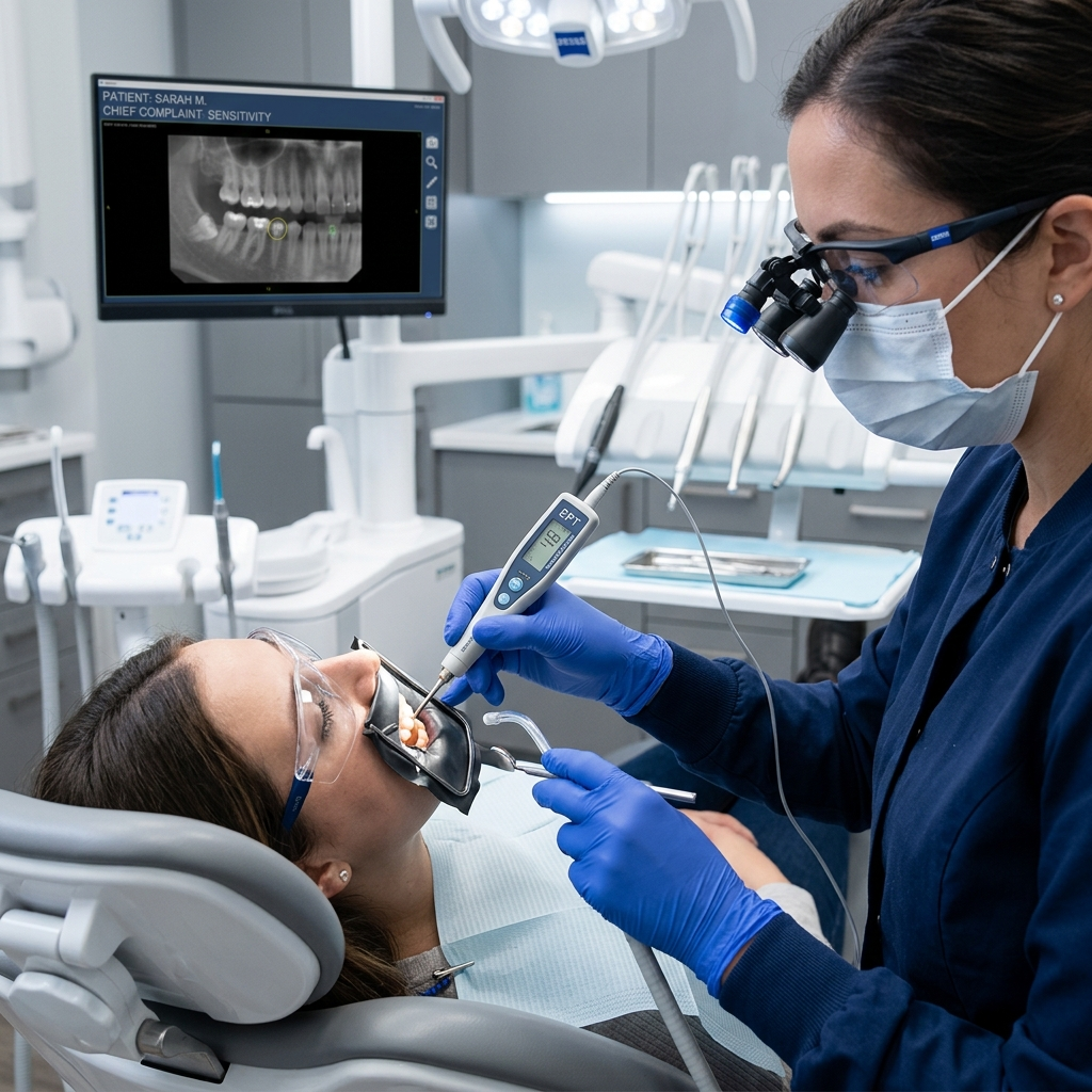 Dentist performing a vitality test with an electronic pulp tester