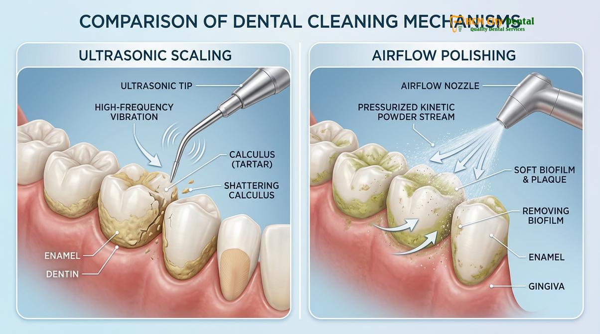 Visual description of ultrasonic scaling vs airflow polishing