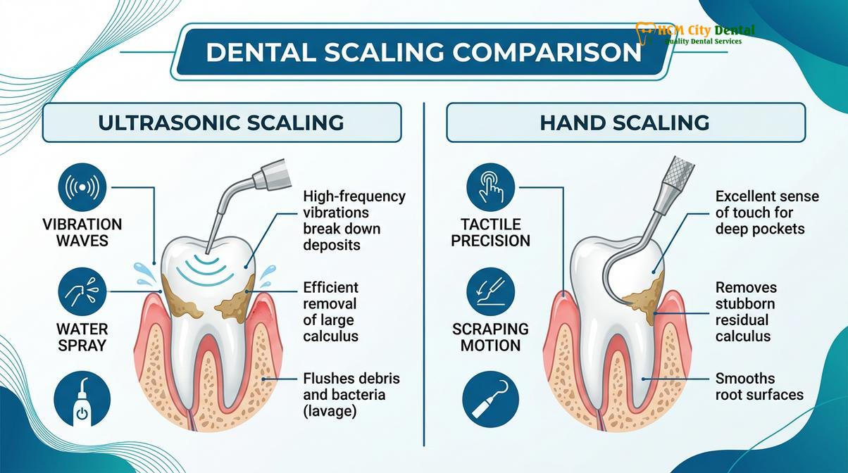 Summary diagram of Ultrasonic Scaling vs Hand Scaling