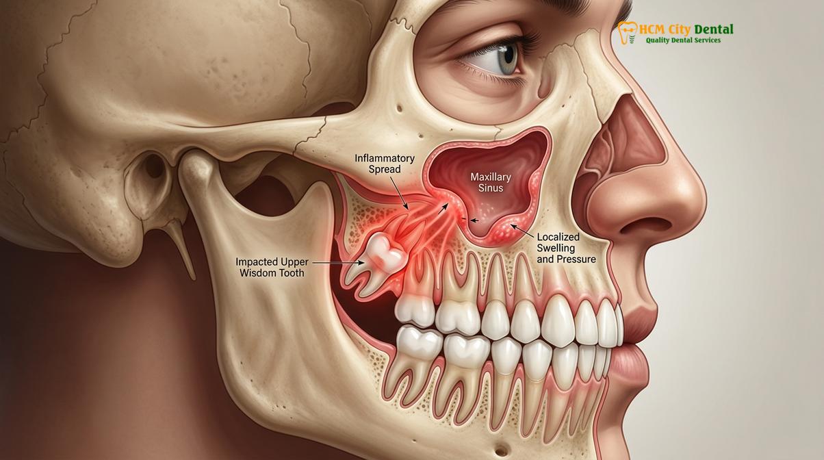 Visual illustration of upper wisdom tooth sinus pressure