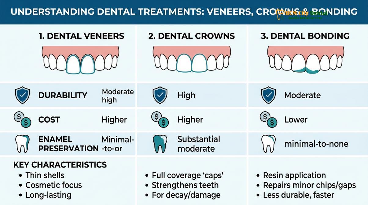 Summary diagram of veneers vs crowns vs bonding