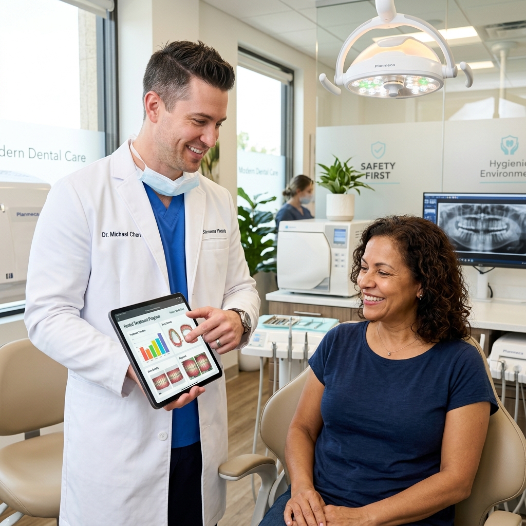 Dr. Cuong explaining a tooth restoration progress timeline on a tablet to an international patient at HCMC Dental clinic