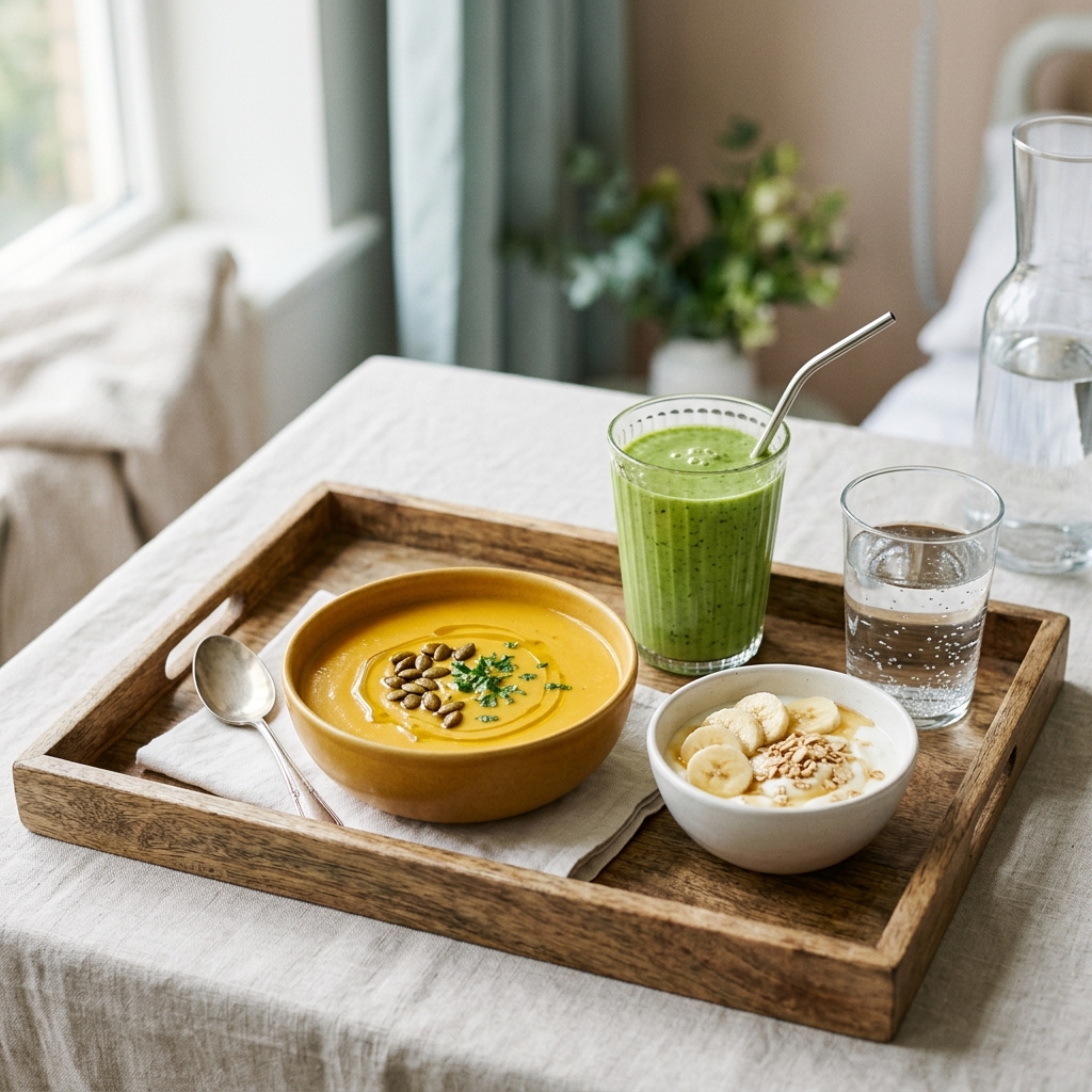 Soft diet selection tray featuring pumpkin soup with seeds, avocado smoothie, and a bowl of yogurt with bananas