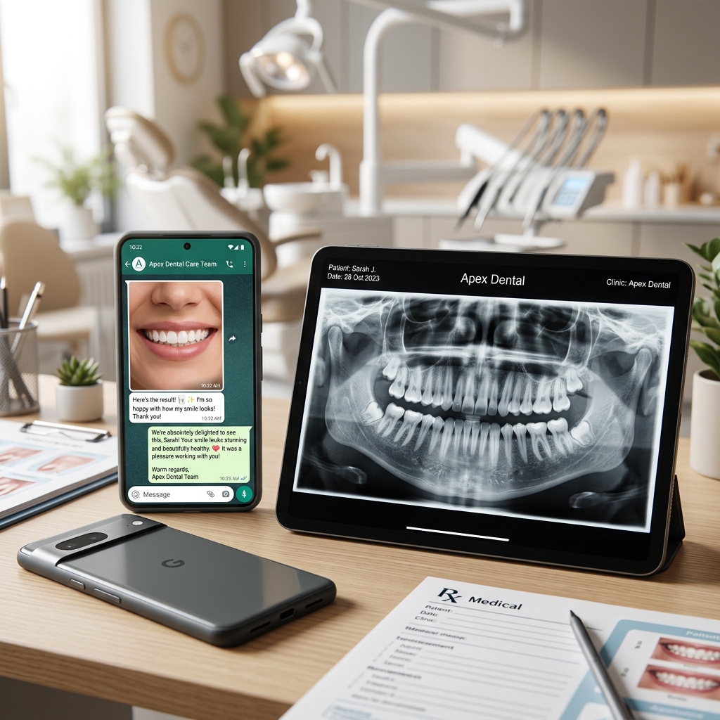 Smartphone displaying patient WhatsApp chat with HCMC Dental clinic and a tablet showing panorama X-ray scan on a desk
