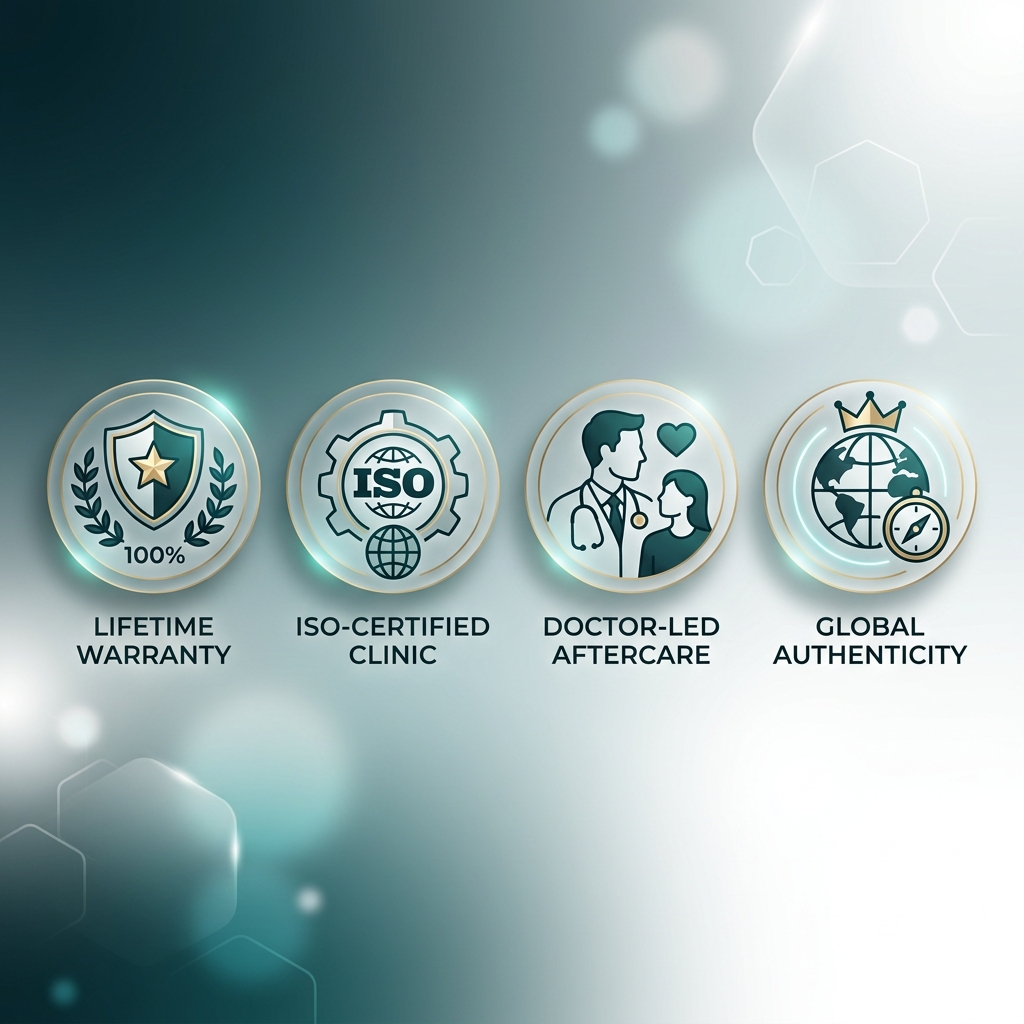 HCMC Dental clinic trust badges: Lifetime Warranty, ISO-Certified Clinic, Doctor-Led Aftercare, Global Authenticity