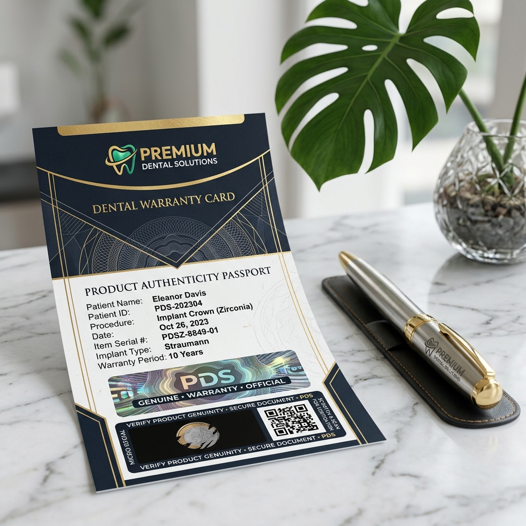 Official dental warranty card and product authenticity passport showing patient details, procedure type, item serial number, and security hologram