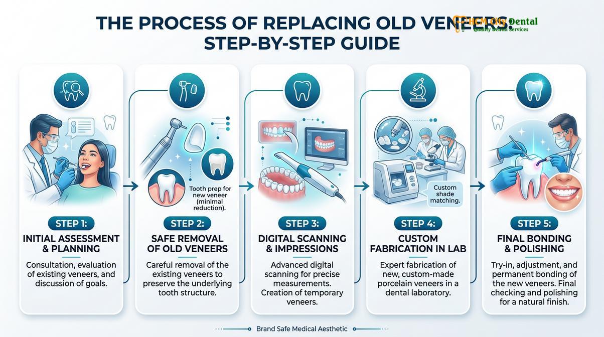 Summary diagram of replacing old veneers