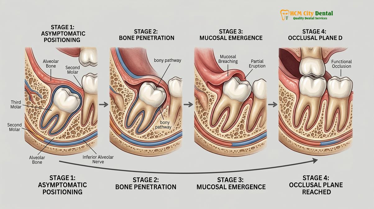 Clinical photography related to wisdom tooth coming through pain