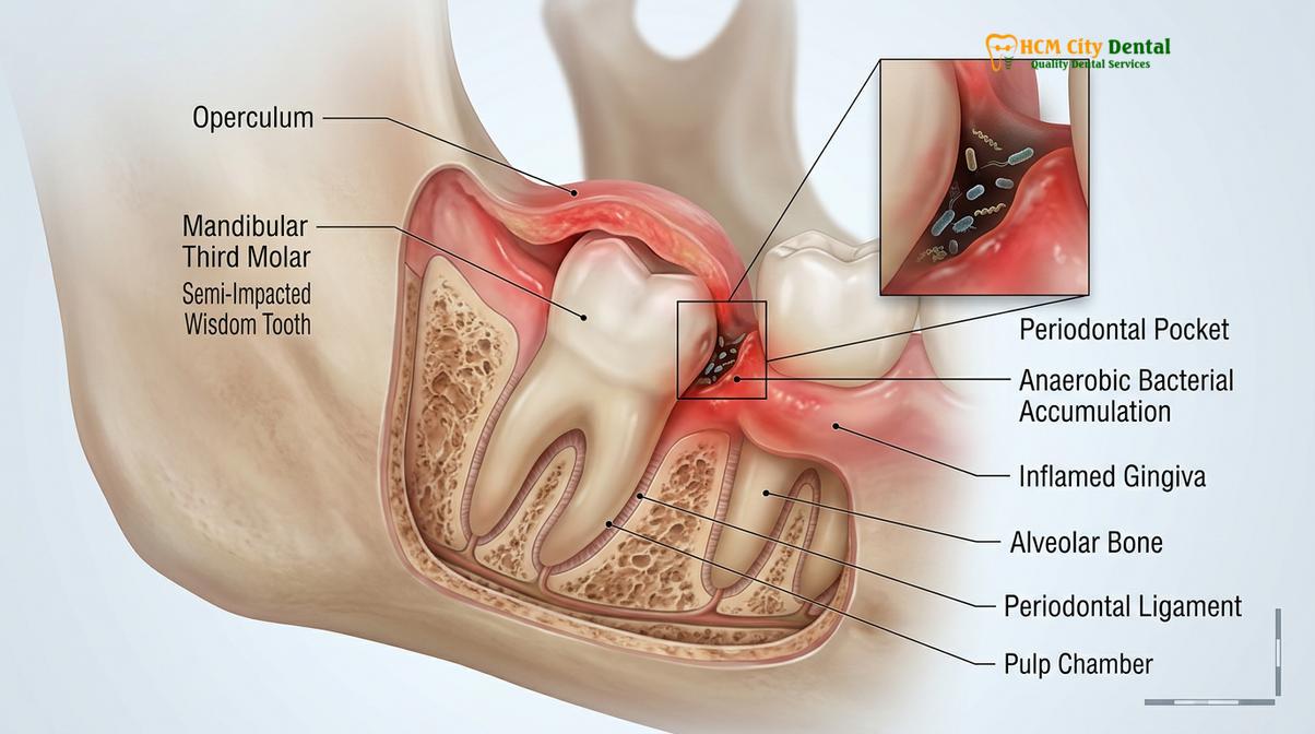 Clinical photography related to pericoronitis wisdom tooth gum