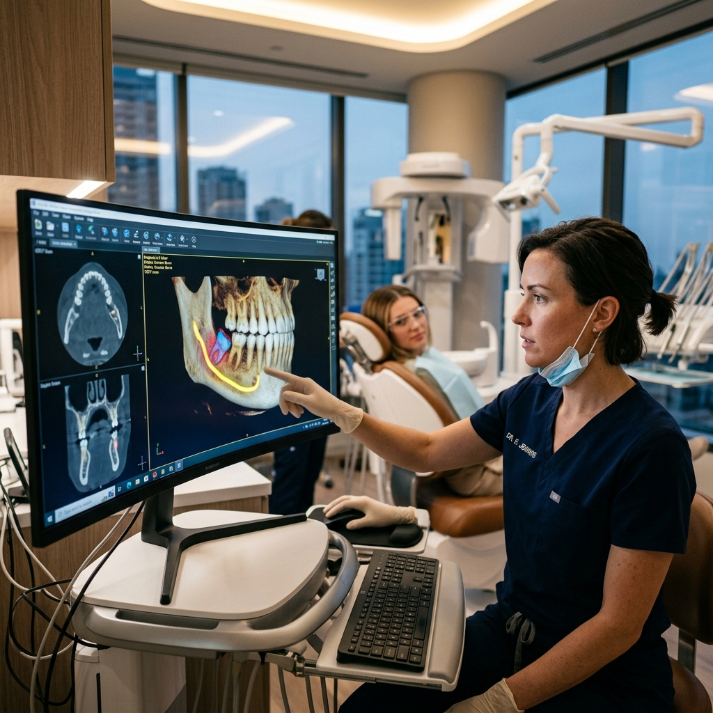 Dentist examining 3D CBCT scan for wisdom tooth planning
