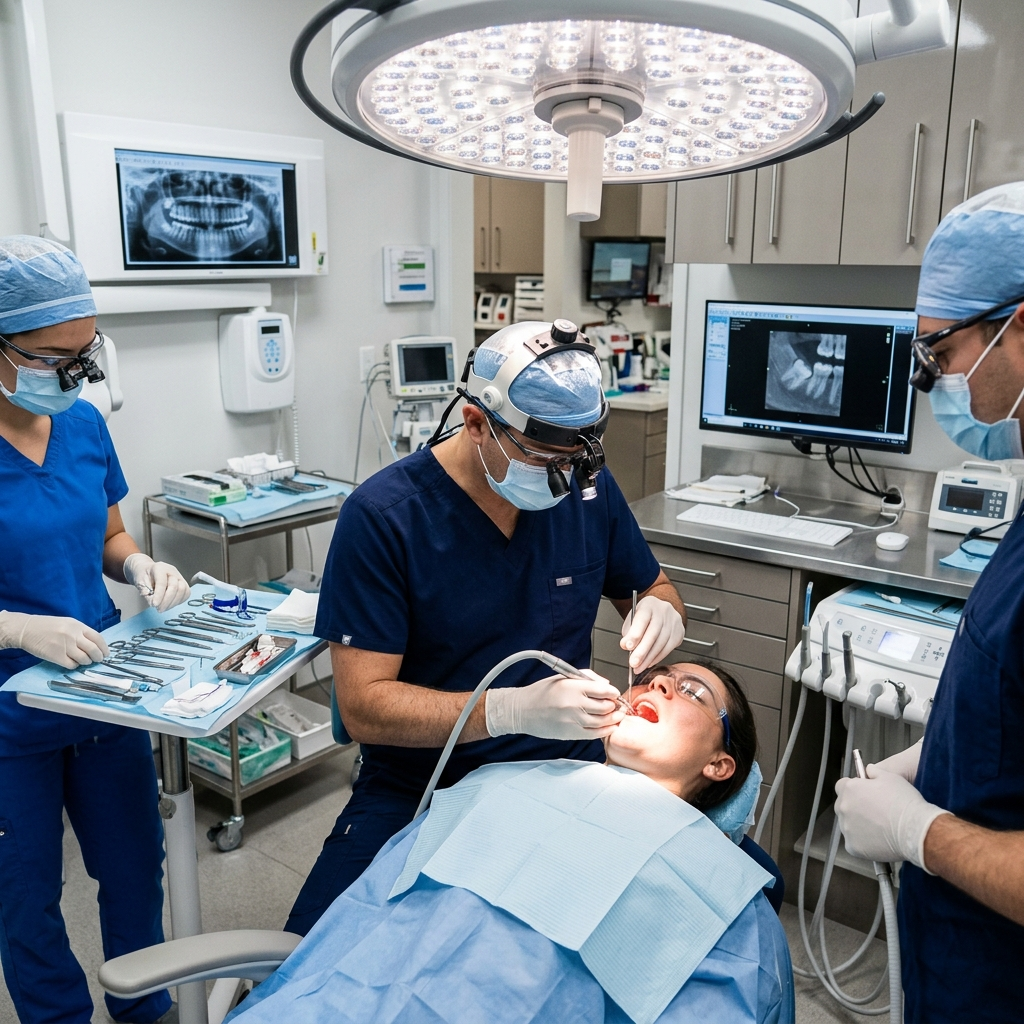 Dental surgeons performing wisdom tooth extraction
